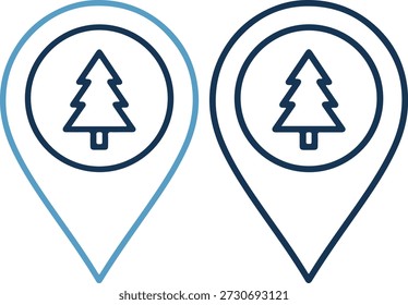 Ilustración vectorial de dos pines de ubicación con árboles en el interior en un estilo de línea simple, un pin y árbol delineado en azul claro, el otro en azul oscuro, sobre un fondo blanco puro
