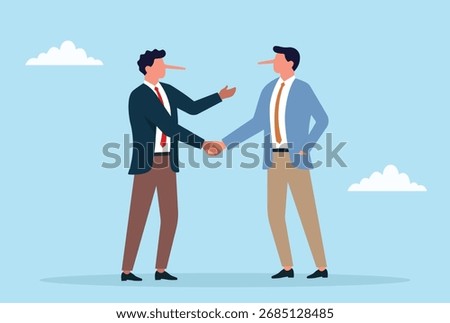 Vector illustration of two long-nosed businessmen shaking hands, symbolizing dishonesty, fake deals, corruption, false promises, or deceptive agreements in business partnerships
