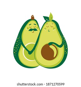 Vector illustration of two in love avocado halves. Avocado family in anticipation of the birth of a child. Pregnant woman and happy future dad. Isolated on white background.