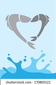 Vector illustration of Two Love fishes jumping out of the water to form a heart.