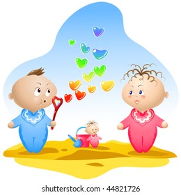 Vector illustration of two lovely babies in the playground