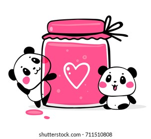 Vector illustration of two lovely cartoon pandas with big pink jam jar. Happy cute pandas and fruit jam on white background. Flat style design for poster, greeting card, print, tshirt, sticker
