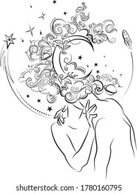 Vector illustration of two lovers, and above them a whole cosmos of feelings.