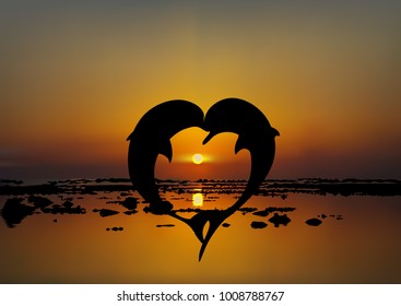 Vector illustration of two lovers dolphins in heart shape at sunset or sunrise over sea