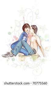 Ilustración del vector: dos amantes y adornos de caligrafía floral - un fondo de orquídea estilizada y pintura de color - eps10