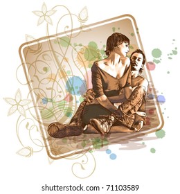Vector illustration: two lovers & floral calligraphy ornament - a stylized orchid & color paint background - eps10