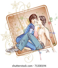 Vector illustration: two lovers & floral calligraphy ornament - a stylized orchid & color paint background - eps10