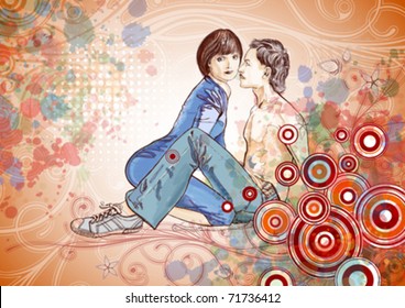 Ilustración del vector: dos amantes y adornos de caligrafía floral - un fondo de orquídea estilizada y pintura de color - eps10