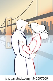 Vector illustration of two lovers, greeting the sunrise on the background of the river, bridge and buildings