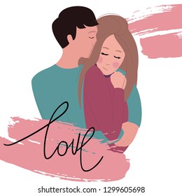 Vector illustration of two lovers, lettering love and hand brush strokes.