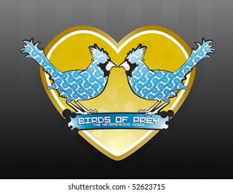 Vector illustration of two loving birds with curly patterns, a banner for custom text and a golden heart background.