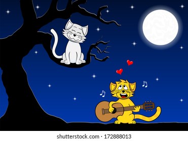 vector illustration of two loving cats singing love songs