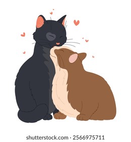 Vector illustration of two loving cats cuddling with hearts floating around. Perfect for Valentine's Day, pet-themed designs, or expressing love and friendship.