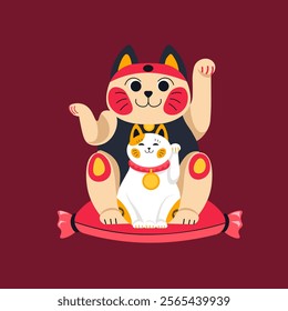 A vector illustration of two lucky cats sitting on a red cushion, designed with bold colors and traditional Japanese motifs. A perfect design for cultural or celebratory themes.