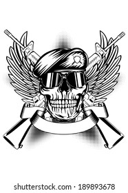 Vector illustration two machine guns, wings and skull in beret