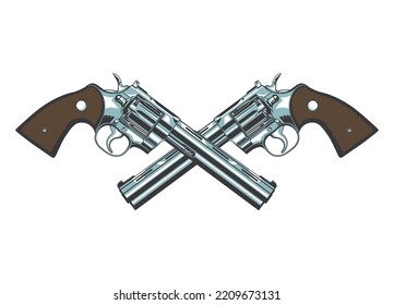 Vector illustration of two Сolt magnum revolvers symbolically crossing like a coat of arms on a white isolated background
