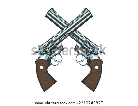 Vector illustration of two Сolt magnum revolvers symbolically crossing like a coat of arms on a white isolated background