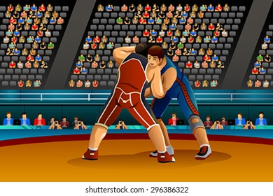 A vector illustration of two male athletes wrestle in the competition for sport competition series