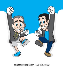 Vector illustration of two male avatars jumping in excitement. 