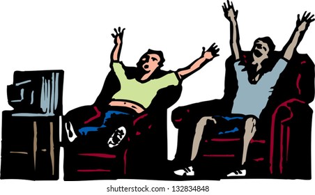 Vector illustration of two male friends watching sport on TV