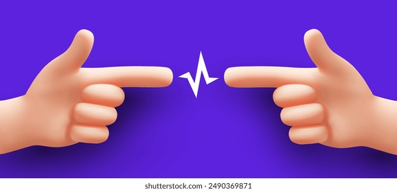 Vector illustration of two male hand with fore finger point gesture and lightning on color background. 3d style design of man white skin hand point gesture at each other for web, banner, poster, print