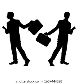 Vector illustration two male silhouettes in business suits. Businessman with a folder and a briefcase in his hands. Set of silhouettes in two different poses. Disappointment. Success. Being late.
