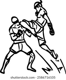 Vector illustration of two martial artists in Muay Thai, Muay Boran, kickboxing or MMA combat. Black and white line art drawing, silhouette 