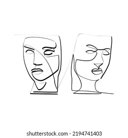 Ilustración vectorial de dos máscaras dibujadas en estilo de arte de línea