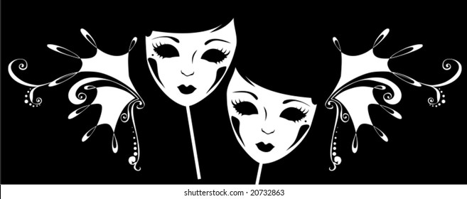 Vector illustration of two masks for a masquerade with monograms.