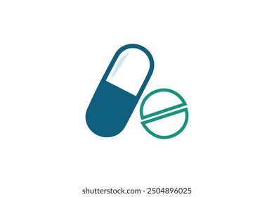 A vector illustration of two medicine tablets: a blue capsule and a green round pill, isolated on a white background. Ideal for pharmaceutical and healthcare designs.