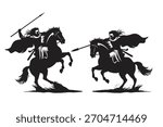 Vector illustration of two medieval warriors on horseback charging with spears, dynamic battle silhouette style.
