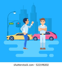 Vector illustration of two men arguing. Car accident on the background of the city. The cars are near a traffic light. The stubborn man does not want to listen to. Angry man shakes his fists. 