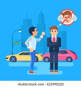 Vector Illustration Of Two Men Arguing. Car Accident On The Background Of The City. The Cars Are Near A Traffic Light. The Stubborn Man Does Not Want To Listen To. The Man Tries To Remain Calm