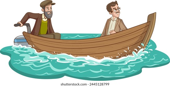 Ilustración vectorial de dos hombres navegando en el mar. hombres en el barco y el paisaje marino