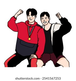 Ilustración vectorial de dos hombres celebrando la victoria. La pintura está inspirada en una famosa escena dramática coreana.