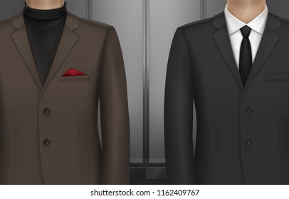 Vector illustration of two men in classic suit with white shirt and black tie and brown jacket with black polo neck