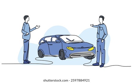 Vector illustration of  two men discussing a car. Modern flat in continuous line style.