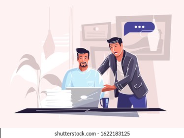 Vector illustration of two men doing team work on a laptop