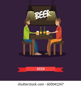 Vector illustration of two men enjoying beer in bar, pub, cafe or restaurant, flat style design elements.