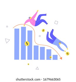 Vector illustration of two men falling from stylized diagram. Investment failure, business collapse, financial crisis concept