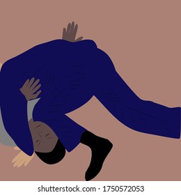 Vector illustration of two men fighting one having knee on another one’s neck while other man trying to push him off with copy space for runaround or wraparound text