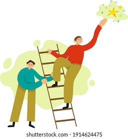 Vector illustration of two men helping each other to reach the goal. One of the men holds a stepladder and the other climbed it and reaches the stars.