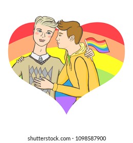 Vector illustration of two men and holding gay flag on brushed rainbow heart background. Concept of gay love, lgbtq+ movement, free love, gay rights, homosexual rights, equality, pride parade