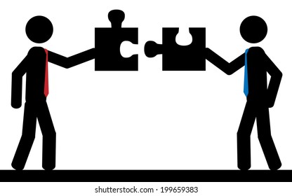 Vector / illustration. Two men are holding pieces of puzzle in they hand. 