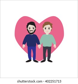 Vector illustration of two men in love. Gays against the background of the heart.
