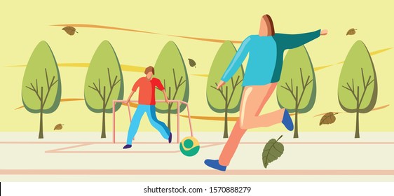 Vector illustration Two men play Futsal on urban park field backgrond with tree on background and the wind blows dry leaves , autumn colors concept.
