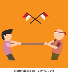 vector illustration of two men playing tug of war on Indonesian independence day with two crossed Indonesian flags above them