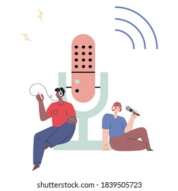 Vector illustration of two men recording and listening audio podacst sitting on a big mike. Broadcast concept. Vector flat illustration