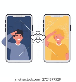 Ilustração vetorial de dois homens separados pela distância trocando saudações e corações através de chamada de vídeo de smartphone, representando um relacionamento de longa distância, serviço militar ou implantação.