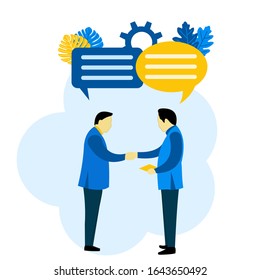 Vector Illustration of two men shaking hands with chat bubbles on it.flat style, Vector illutration